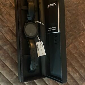 Movado Black Leather Strap Watch